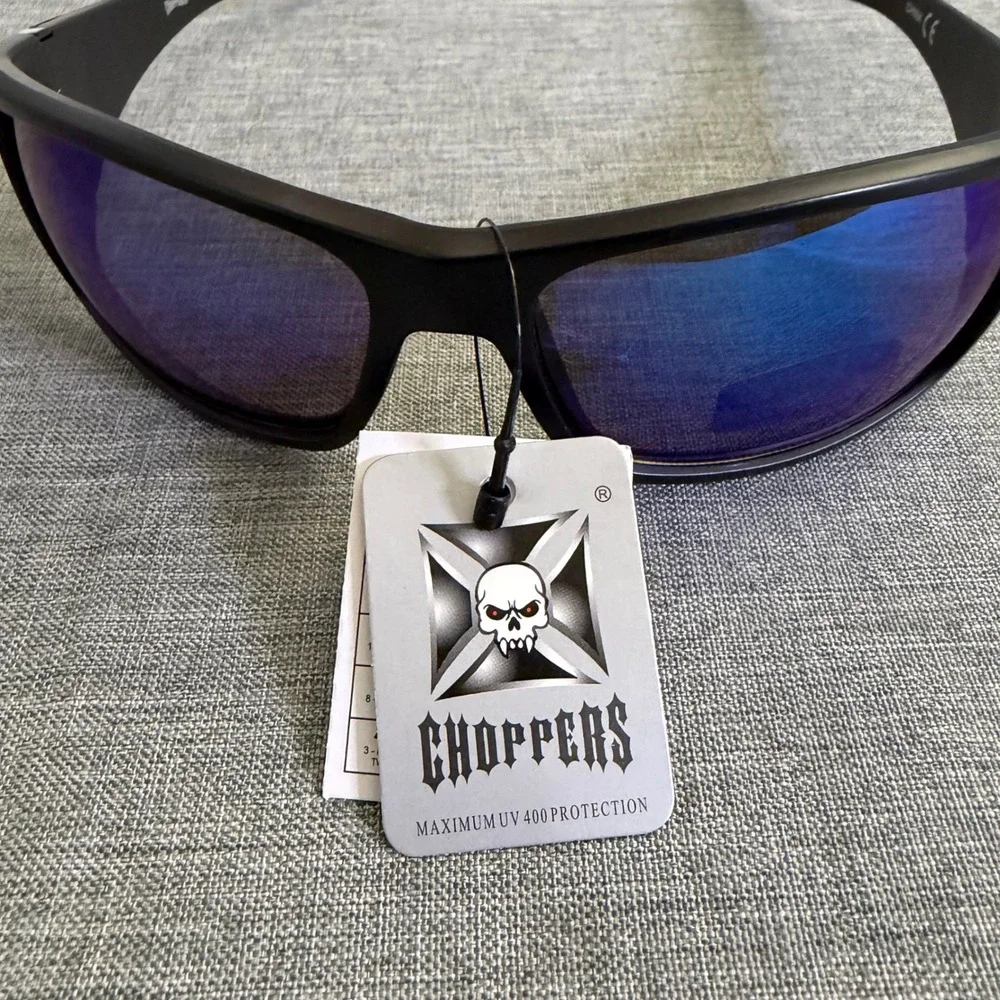 Choppers Sunglasses Mens OS Matte Black Blue Mirror Lens Biker Wrap UV400 Cross